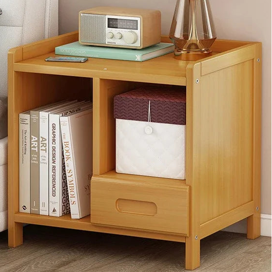 Rattan Nightstand, Boho Side Table with Drawer Open Shelf, Cane Accent Bedside End Table with Solid Wood Legs for Bedroom, Dorm and Small Spaces