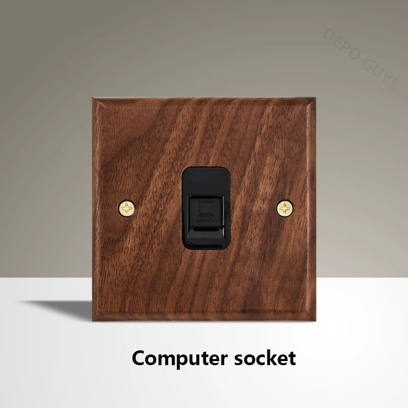 Black Walnut Wood Toggle Light Switch,Home retro Brass Panel,FR UK Universal Double USB Wall Electrical Socket Vintage Switch