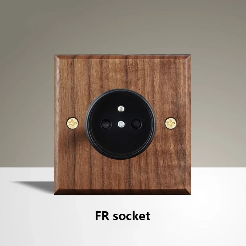 Black Walnut Wood Toggle Light Switch,Home retro Brass Panel,FR UK Universal Double USB Wall Electrical Socket Vintage Switch