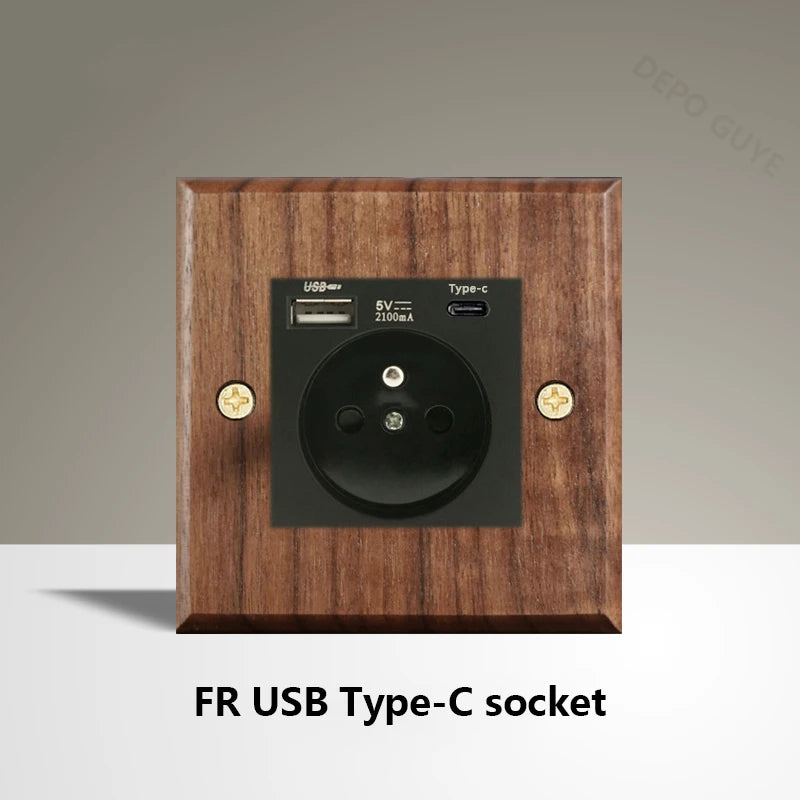 Black Walnut Wood Toggle Light Switch,Home retro Brass Panel,FR UK Universal Double USB Wall Electrical Socket Vintage Switch